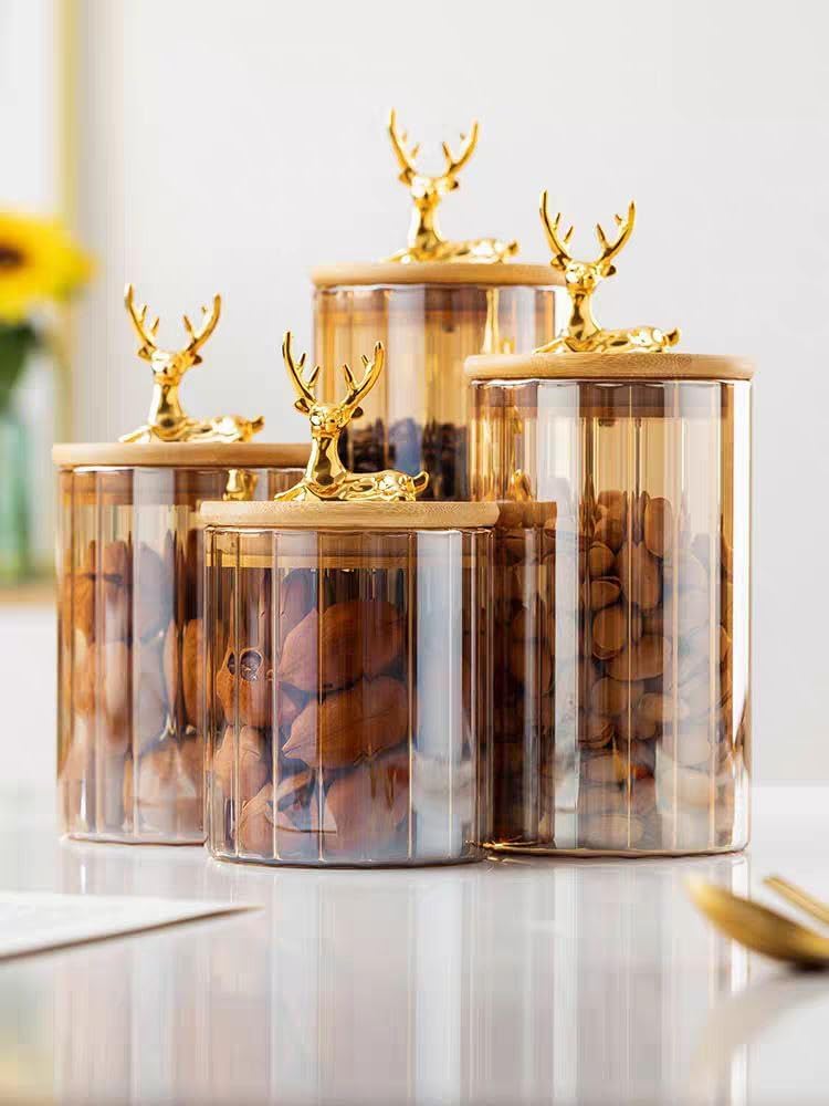 Lot de 4 Bocaux de Rangement en Verre  avec Couvercle Hermétique en Bambou