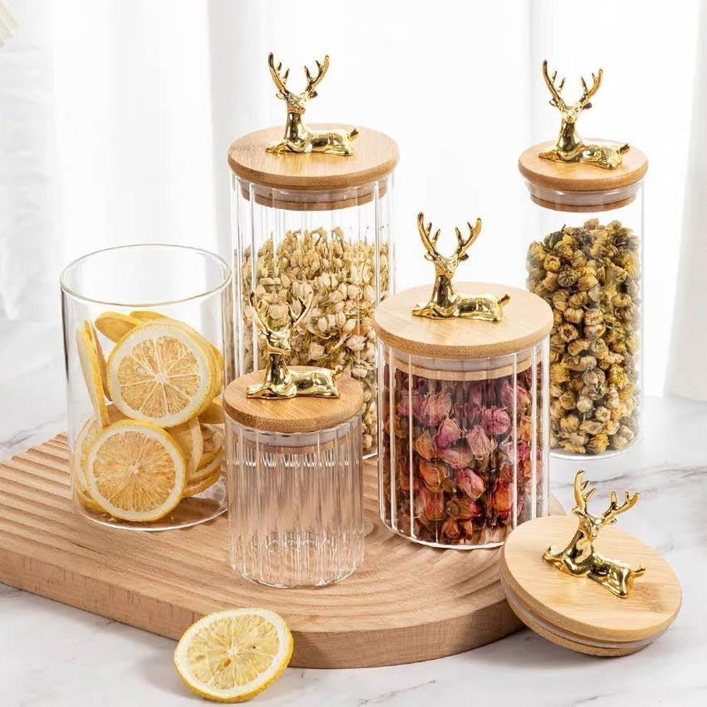 Lot de 4 Bocaux de Rangement en Verre  avec Couvercle Hermétique en Bambou